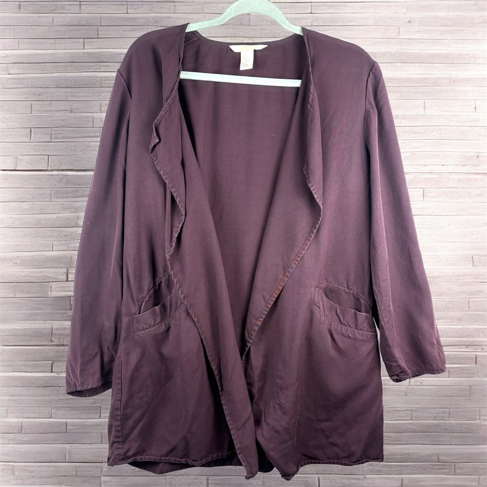 H&M Conscious Lyocell Eggplant Open Front Cardigan Jacket With Pockets Sz 12 - Picture 2 of 11